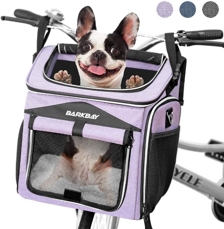 Photo 1 of BARKBAY Dog Bike Basket Carrier, Expandable Foldable Soft-Sided Dog Carrier, 2 Open Doors, 5 Reflective Tapes, Pet Travel Bag,Dog Backpack Carrier Safe and Easy for Small Medium Cats and Dogs(Purple)
