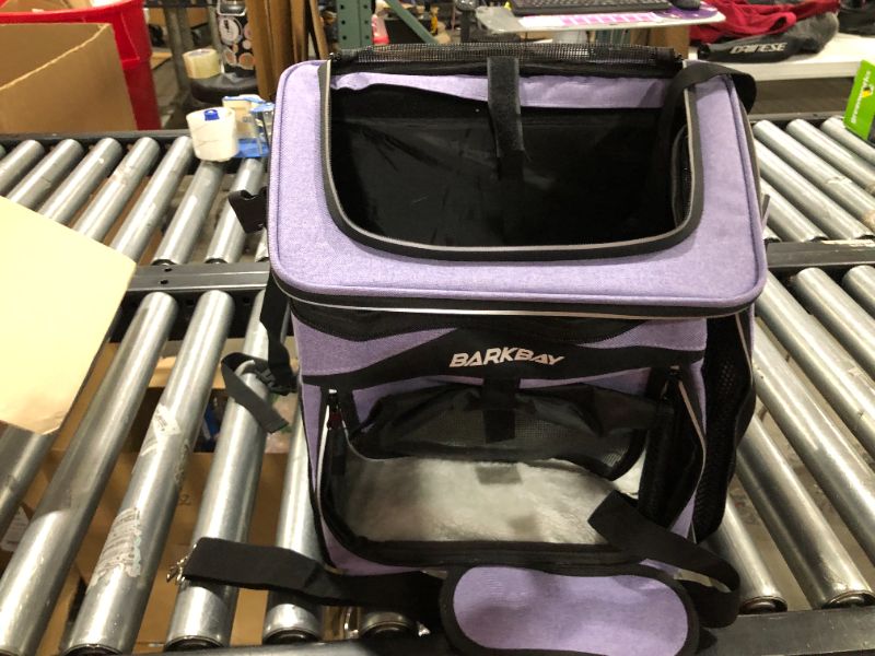 Photo 2 of BARKBAY Dog Bike Basket Carrier, Expandable Foldable Soft-Sided Dog Carrier, 2 Open Doors, 5 Reflective Tapes, Pet Travel Bag,Dog Backpack Carrier Safe and Easy for Small Medium Cats and Dogs(Purple)
