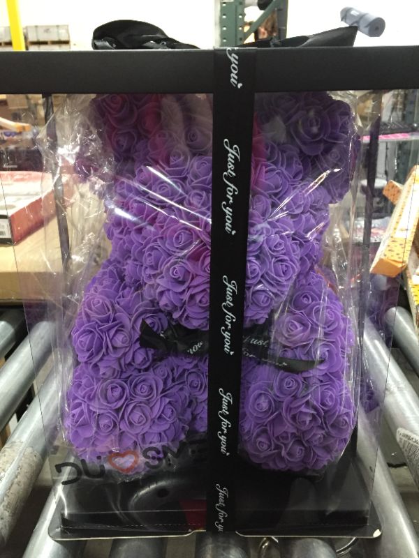 Photo 1 of Rose Bear Rose Teddy Bear Best Gift for Valentines Day, Anniversary, Birthdays & Bridal Showers Fully Assembled 16 inch Flower Bear- w/Clear Gift Box (Purple)