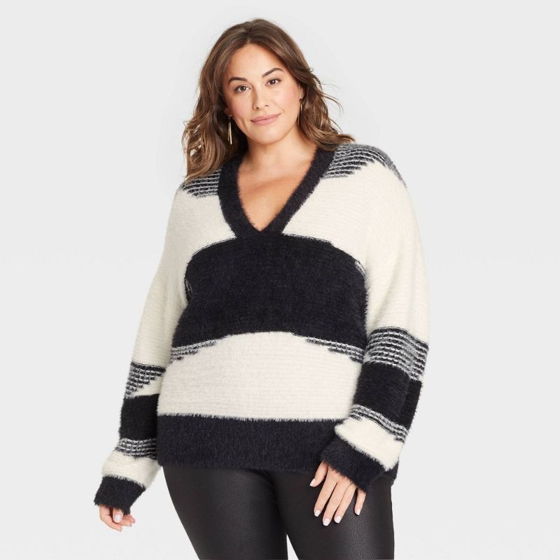 Photo 1 of 2 PACK - Women's Plus Size V-Neck Eyelash Pullover Sweater - Knox Rose™ Striped 2X
