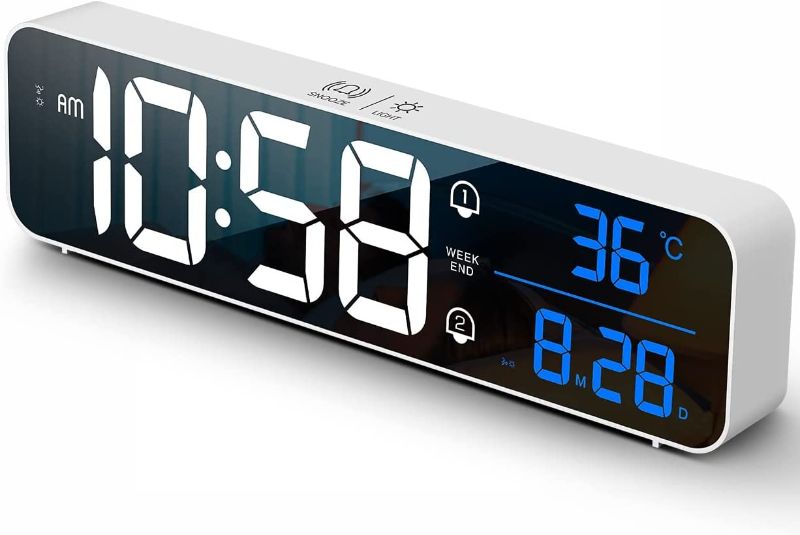 Photo 1 of Digital Clock, Digital Clock Large Display, LED Digital Alarm Clock for Living Room, Rechargeable, Sound-Activated, Snooze, Date &Temp Display Digital Wall Clocks, for Bedroom Kitchen Office, White
