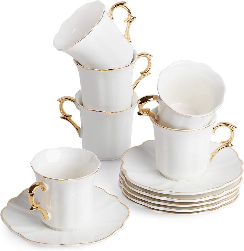Photo 1 of BTaT- Small Espresso Cups and Saucers, Set of 6 Demitasse Cups (2.4 oz) with Gold Trim and Gift Box, Small Coffee Cup, White Espresso Cup, Turkish Coffee Cup, Porcelain Espresso Cup
