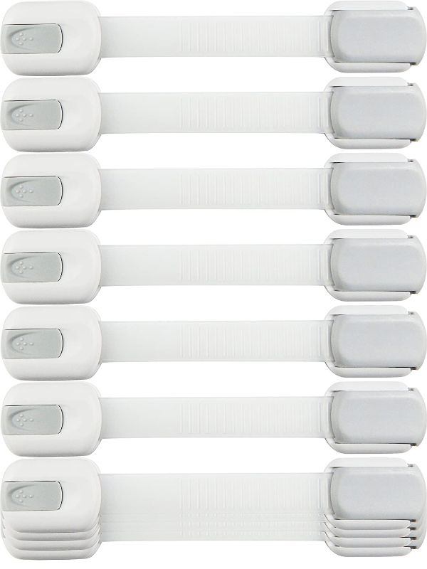 Photo 1 of Child Safety Strap Locks (10 Pack) Baby Locks for Cabinets and Drawers, Toilet, Fridge & More. 3M Adhesive Pads. Easy Installation, No Drilling Required, White/Gray
