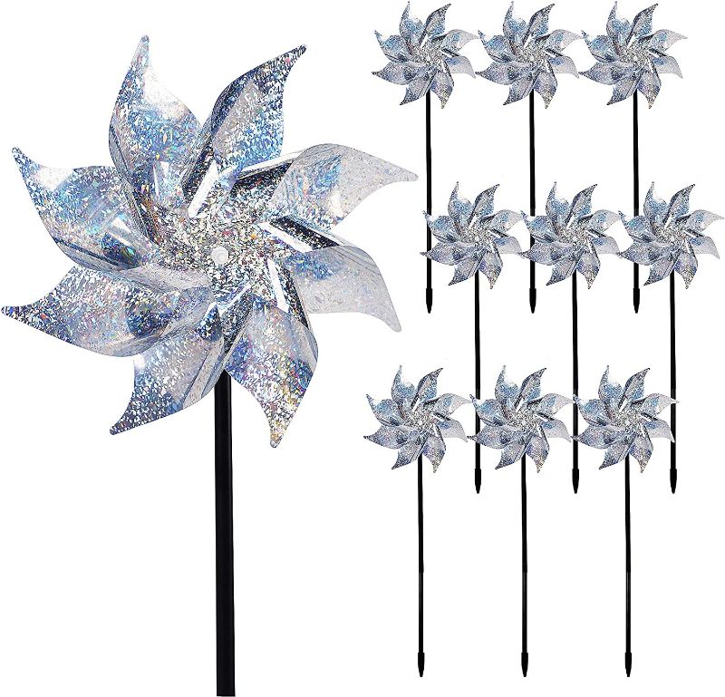 Photo 1 of Hausse 10 Pack Reflective Pinwheels with Stakes, Extra Sparkly Pin Wheel for Garden Decor, Bird Devices Deterrent to Scare Birds Away from Yard Patio Farm
