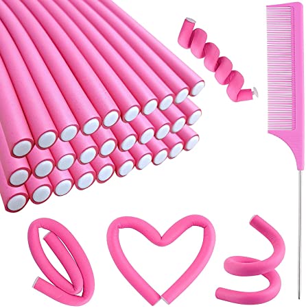 Photo 1 of 30PCS 9.45" Flexible Curling Rods Hair Twist Flexi Rods Hair Curlers Set,Twist Foam Hair Rollers No Heat Hair Rods Rollers Hair Curlers Rollers,Steel Pintail Comb Rat Tail Comb for Short and Long Hair