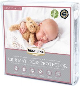 Photo 1 of Rest LINE Bamboo Jacquard Water Proof Mattress Protector (CRIB SIZE ), Cooling Technology,Hypoallergenic, Breathable and 100% Waterproof, 28" X 25" Soft Fitted Bamboo Cover
