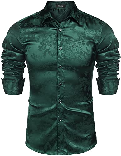 Photo 1 of COOFANDY Mens Floral Rose Printed Long Sleeve Dress Shirts Prom Wedding Party Button Down Shirts Green Black Jasper, Large
