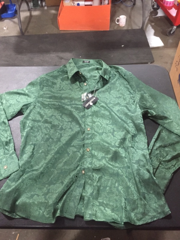 Photo 1 of COOFANDY Mens Floral Rose Printed Long Sleeve Dress Shirts Prom Wedding Party Button Down Shirts Green Black Jasper, Large
