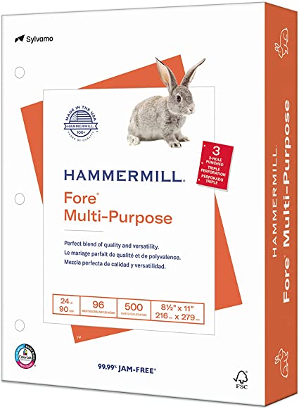 Photo 1 of Hammermill Printer Paper, Fore Multipurpose 24 lb Copy Paper, 3 hole - 1 Ream (500 Sheets) - 96 Bright, Made in the USA, 101287
