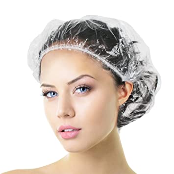 Photo 1 of Auban Shower Cap Disposable, 50 PCS Bath Caps Larger Thick Clear Waterproof Plastic Elastic Hair Bath Caps For Women Kids Girls, Travel Spa, Hotel and Hair Salon, Home Use 

