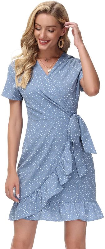 Photo 1 of Kate Kasin Women Mini Dress Wrap V Neck Casual Summer Dress Short Sleeves Ruffled Irregular Hem with Tie Belt, Large