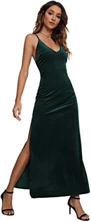 Photo 1 of Capuffy Women's V-Neck Spaghetti Straps Maxi Dress Backless Wrap Side Slit Velvet Cocktai Party Dress 72040, Large
