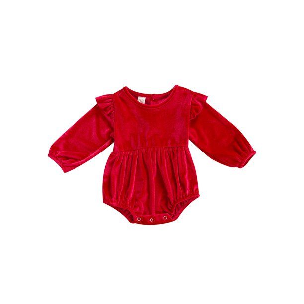 Photo 1 of  Baby Girls Long Sleeve Rompers Velvet Ruffle Jumpsuits Red 6-9 Months
