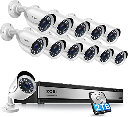 Photo 1 of ZOSI H.265+ 1080p 16 Channel Security Camera System, 16 Channel DVR Recorder with Hard Drive 2TB and 12 x 1080p Weatherproof CCTV Bullet Camera Outdoor Indoor with 80ft Night Vision, Motion Alerts
