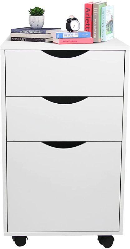 Photo 1 of QDSSDECO 3-Drawer Wood File Cabinet Mobile Lateral Filing Cabinet, with Rolling Wheel, Vertical A4 Paper Letter Binder for Home Office, White
