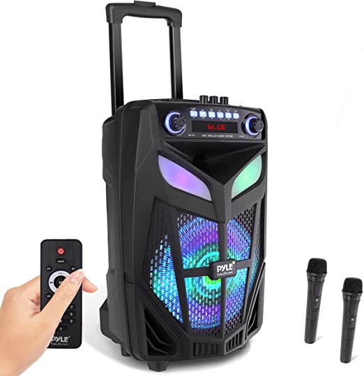 Photo 1 of Portable Bluetooth PA Speaker System - 600W 10” Outdoor BT Speaker - Includes 2 Wireless Microphones, Party Lights, USB SD Card Reader, FM Radio, Rolling Wheels - Remote Control - Pyle PPHP101WMB
