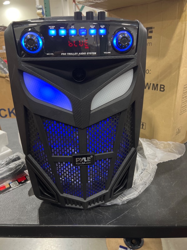 Photo 2 of Portable Bluetooth PA Speaker System - 600W 10” Outdoor BT Speaker - Includes 2 Wireless Microphones, Party Lights, USB SD Card Reader, FM Radio, Rolling Wheels - Remote Control - Pyle PPHP101WMB
