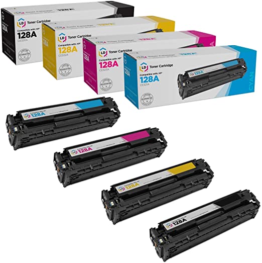 Photo 1 of LD Products Remanufactured Toner Cartridge Replacements for HP 128A (CE320A Black, CE321A Cyan, CE323A Magenta, CE322A Yellow, 4-Pack) for Color Laser CM1415fnw, CP1522n, CP1523n, CP1525nw, CM1410fnw