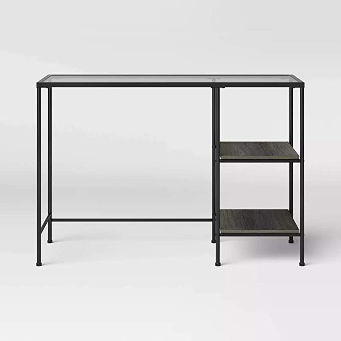 Photo 1 of Fulham Glass Top Desk with Wood Shelves Black