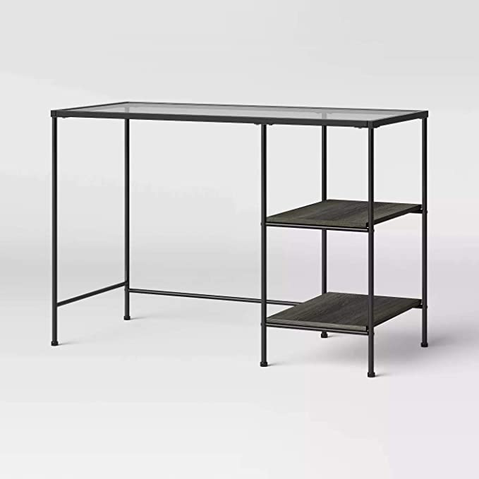 Photo 1 of Fulham Glass Top Desk with Wood Shelves Black