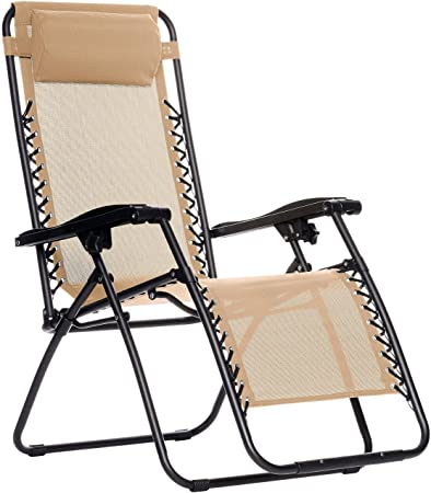 Photo 1 of Amazon Basics Outdoor Textilene Adjustable Zero Gravity Folding Reclining Lounge Chair with Pillow, Beige