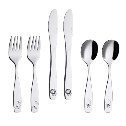 Photo 1 of ANNOVA Kids Silverware 6 Pieces Children's Safe Flatware Set Stainless Steel - 2 x Safe Forks, 2 x Table Knife, 2 x Tablespoons, Toddler Utensils Safari, for Lunchbox (Etched Elephant, Giraffe, Lion)