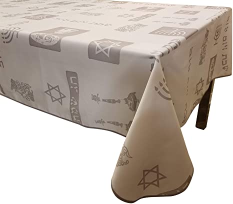 Photo 1 of -Yom Tov -Anti Stain Tablecloth Jewish (58"x 118" Rect, White & Grey)