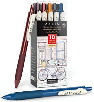 Photo 1 of Arteza Colored Gel Pens, Pack of 10, Unique Vintage Colors, Fine 0.7 mm Tip, Retractable, Art Supplies for Journaling, Drawing, Doodling, and Notetaking
