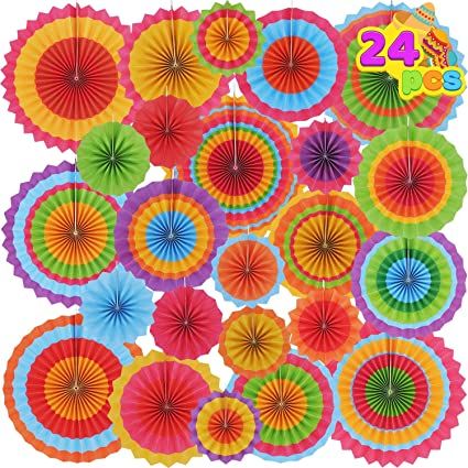 Photo 1 of 24 Colorful Hanging Paper Fan Round Wheel Disc for Fiesta Party Supplies Decoration, Luau Event Photo Props, Cinco De Mayo Mexican Festivals, Carnivals, Taco Tuesday Event.