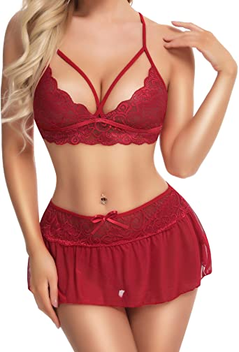 Photo 1 of klier Women Lingerie Set Sexy Babydoll Set 3 Piece Lace Bralette, Mini Skirt with G-String Sets, Medium
