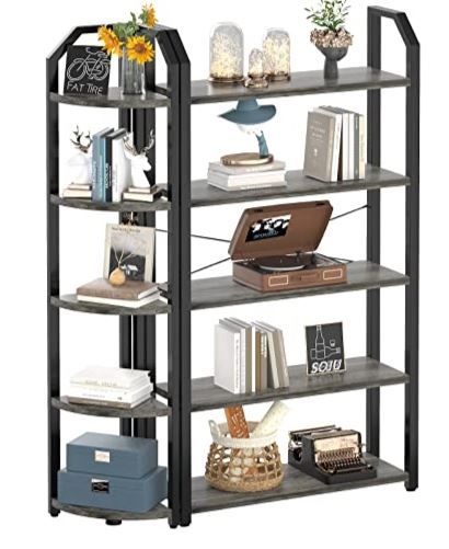 Photo 1 of Armocity 5-Tier Bookshelf, Double Wide Tall Bookcase and Corner Bookshelves Open Display Shelves, 64 Inch Book Shelf Set of 2 for Living Room, Bedroom, Home Office, Oak