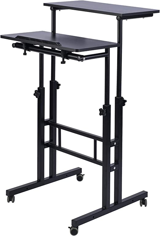 Photo 1 of AIZ Mobile Standing Desk, Adjustable Computer Desk Rolling Laptop Cart on Wheels Home Office Computer Workstation, Portable Laptop Stand for Small Spaces Tall Table for Standing or Sitting, Black
