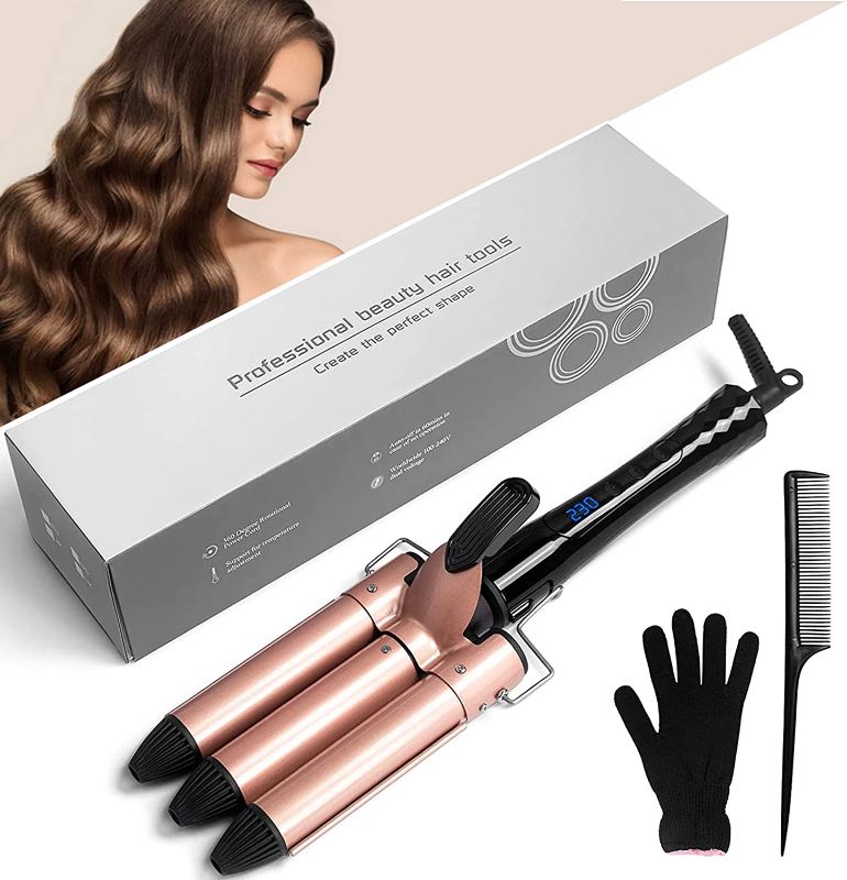 Photo 1 of Awhoas 25MM Wave Curling Iron,3 Barrel Curling Iron Wand, Golden Beach Hair Waver Anti-Scalding Ceramic Barrel Waver Hair Crimper Adjustable Temperature with Glove(Golden)
