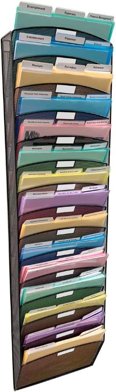 Photo 1 of Ultimate Office Mesh Wall File Organizer, 15 Tier Vertical Mount Hanging File Sorter. Multipurpose Display Rack Includes 18, 3rd Cut PocketFile Clear Document Folder Project Pockets (Black)

