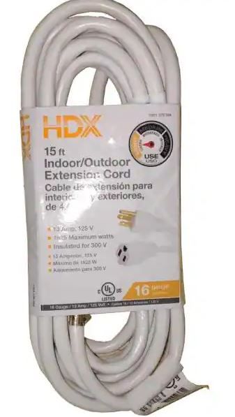 Photo 1 of 15 ft. 16/3 Indoor/Outdoor Extension Cord, White
