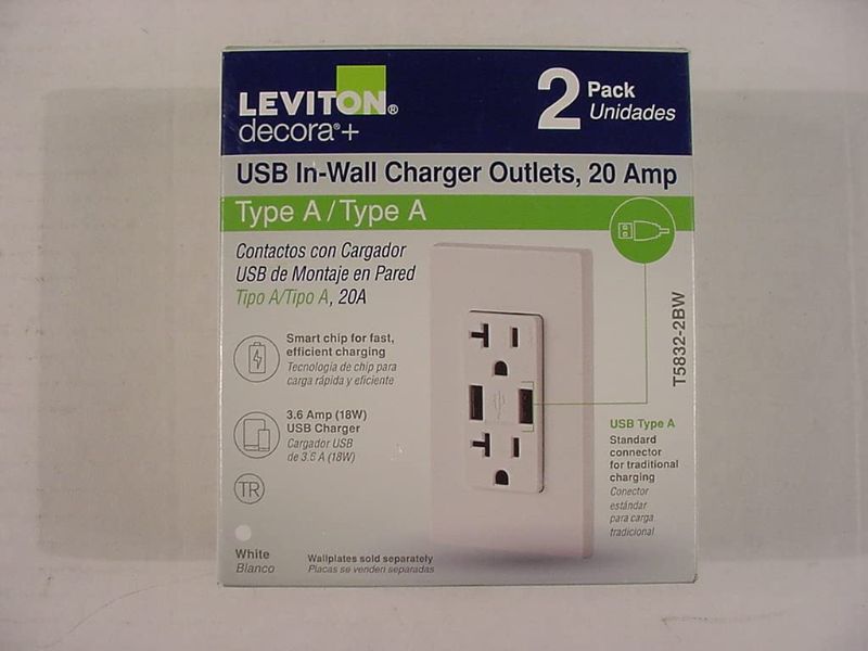 Photo 1 of Leviton T5832-2BW USB Dual Type-A in-Wall Charger with 20 Amp, 125 Volt Tamper-Resistant Outlet, White
