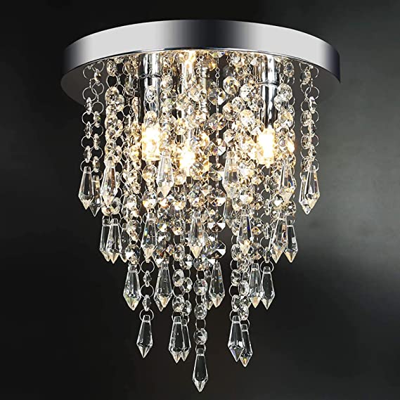 Photo 1 of 3 Lights Mini Crystal Flushmount Chandelier Fixture, Crystal Ceiling Lamp, H10.4" X W9.8", Elegant Modern Flush Mount Ceiling Light for Bedroom, Hallway, Bar, Living Room, Dining Room, Chrome(G9 Base)