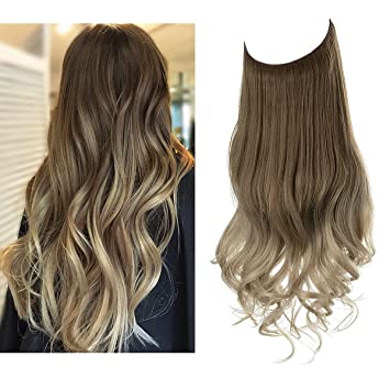 Photo 1 of SARLA Ombre Halo Hair Extension Brown to Ash Blonde Adjustable Transparent Wire Headband Wavy Curly Long Synthetic Hairpiece 22 Inch 5.3 Oz for Women Heat Resistant Fiber No Clip