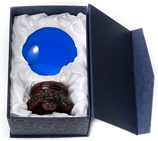 Photo 1 of Amlong Crystal 3 inch (80mm) Blue Crystal Ball with Redwood Lion Resin Stand and Gift Box for Decorative Ball, Lensball Photography, Gazing Divination or Feng Shui, and Fortune Telling Ball