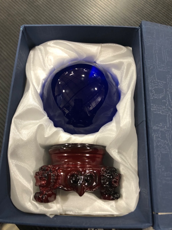 Photo 2 of Amlong Crystal 3 inch (80mm) Blue Crystal Ball with Redwood Lion Resin Stand and Gift Box for Decorative Ball, Lensball Photography, Gazing Divination or Feng Shui, and Fortune Telling Ball