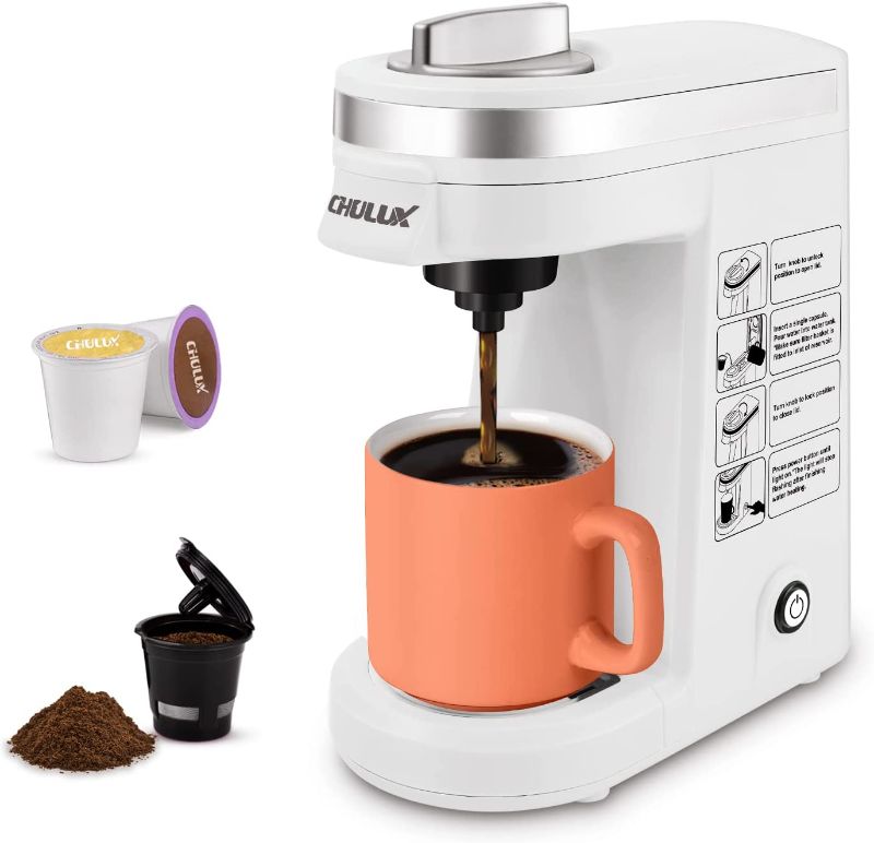 Photo 1 of CHULUX Single Cup Coffee Maker Brewer,One Touch Function Compact Pod Mini Coffee Machine with Reusable Coffee Filter Cup,White
