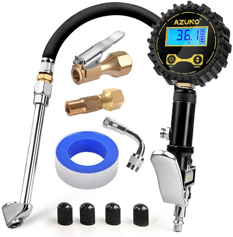 Photo 1 of AZUNO Digital Tire Inflator with Pressure Gauge, 200 PSI (0.1 Res) w/LED Flashlight, Heavy Duty Air Compressor Accessories 7pcs Set, w/Lock on Air Chuck, Dual Head Chuck and 90° Tire Valve
