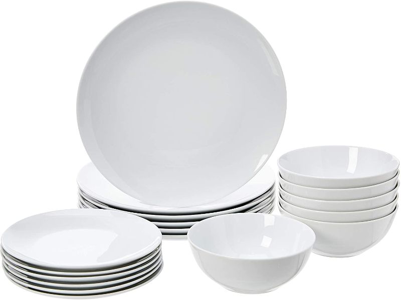 Photo 1 of Amazon Basics 18-Piece Kitchen Dinnerware Set, Plates, Dishes, Bowls, Service for 6, White Porcelain Coupe

