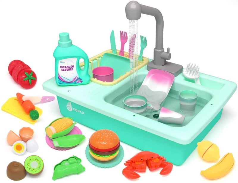 Photo 1 of KIDPAR 28 Pcs Color Changing Kitchen Play Sink Toys for Kids Toddler Electric Dishwasher with Running Water, Automatic Water Cycle System, Cutting Food, House Pretend Role Play Toys
