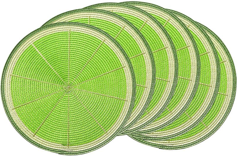 Photo 1 of AHHFSMEI Round Braided Placemats Set of 5 Table Mats for Dining Tables Non Slip Plastic Place Mats 15 Inch (Lime Green)