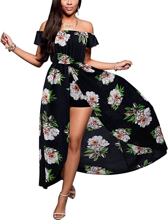 Photo 1 of BIUBIU Women's Off Shoulder Floral Rayon Party Split Maxi Romper Dress size medium 