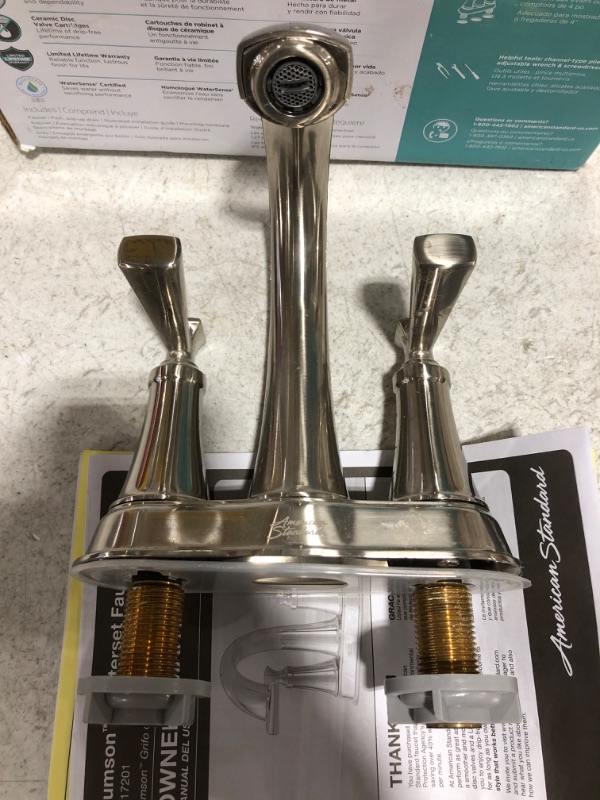 Photo 5 of AMERICAN STANDARD Rumson 4 in. Centerset 2-Handle Bathroom Faucet in Brushed Nickel. OPEN BOX. PRIOR USE. MISSING HARDWARE. 
