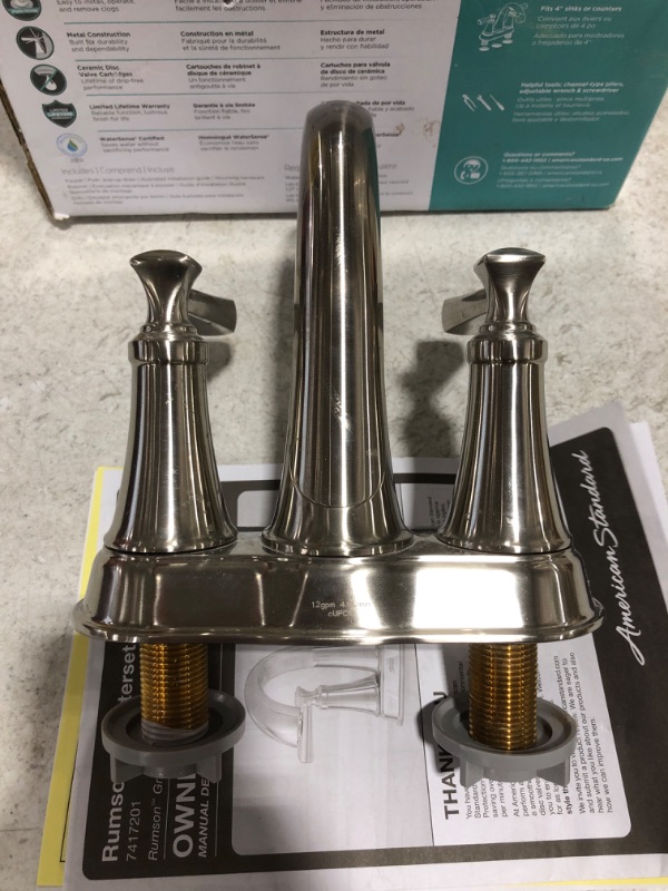 Photo 4 of AMERICAN STANDARD Rumson 4 in. Centerset 2-Handle Bathroom Faucet in Brushed Nickel. OPEN BOX. PRIOR USE. MISSING HARDWARE. 
