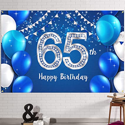 Photo 1 of 6x4ft Happy 65th Birthday Banner Backdrop - 65 Years Old Birthday Decorations Party Supplies for Women Men - Blue Silver