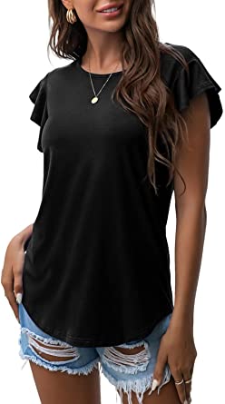 Photo 1 of PrinStory Summer Tops Knit Shirts Casual Ruffle Short Sleeve Top Round Neck Tunic Tank Tops Tee Blouse for Women XL